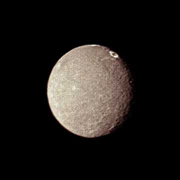 Umbriel's most prominent Surface Features: Skynd and Wunda Craters (Natural Colors; credits: NASA)
The surface of Umbriel is an ancient one. 

A collection of impact craters of various sizes was found to saturate the landscape. As Voyager 2 drew closer, became clear that most or all of the bright features are related to craters. On the Terminator, one can see 2 interesting craters. 

One, Skynd, has a bright Central Peak. The other, Wunda, at the top of the image, has a bright rim and no apparent Central Peak. This is the best color image obtained by Voyager 2.
Parole chiave: Uranus Moons - Umbriel