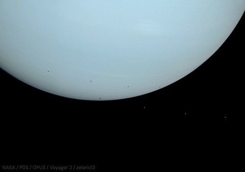 Despina transiting Neptune (Credits: NASA/JPL - Voyager 2 Mission; Credits for the additional process.: "zelario12" - https://creativecommons.org/licenses/by-sa/2.0/deed.en)
Immagine molto "datata", ma sempre molto bella ed ottimamente elaborata da tale "zelario12", al quale faccio i miei complimenti.
Parole chiave: Neptunian Moons - Despina