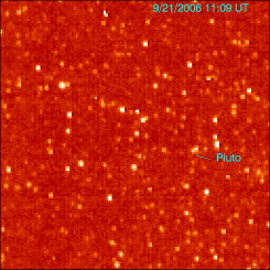 Pluto! From New Horizons (GIF-Movie)
Caption NASA:"The Long Range Reconnaissance Imager (LORRI) on New Horizons acquired images of the Pluto field 3 days apart in late September 2006, in order to see Pluto's motion against a dense background of stars. LORRI took 3 frames at 1-second exposures on both Sept. 21 and Sept. 24. 
Because it moved along its predicted path, Pluto was detected in all six images. 

These images are displayed using false-color to represent different intensities: the lowest intensity level is black, different shades of red mark intermediate intensities, and the highest intensity is white. The images appear pixilated because they were obtained in a mode that compensates for the drift in spacecraft pointing over long exposure times. LORRI also made these observations before operators uploaded new flight-control software in October; the upgraded software package includes an optical navigation capability that will make LORRI approximately three times more sensitive still than for these Pluto observations".
Parole chiave: GIF-Movie