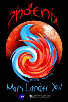 The Phoenix Mars Lander Logo
The Phoenix, a fabulous mythical bird the size of an eagle, symbolizes rebirth in many ancient cultures. According to the ancient Greeks, the bird lives in Arabia, nearby a cool well and sings a beautiful morning song. The Phoenix lives 500 years or longer with only one Phoenix existing at a time. 
When the bird's death approaches, it bursts into flames, and a new bird springs from the consumed pyre.
Similar to its namesake, the Phoenix Mission "raises from the ashes" a spacecraft and instruments from 2 previous unsuccessful attempts to explore Mars: the Mars Polar Lander and the Mars Surveyor 2001 Lander. The Mars Polar Lander failed to return data upon its arrival to Mars' antarctic region on December 3, 1999 and left many ambitious science goals undone. Phoenix uses 3 instruments from this earlier Polar Lander, the SSI, the RA and the TEGA.

The Phoenix Mission uses the Mars Surveyor 2001 Lander, built in 2000, but later administratively mothballed. The '01 lander is undergoing modifications to improve the spacecraft's robustness and safety during entry, descent, and landing. Phoenix recovers two instruments delivered for the '01 lander that have been in protected storage: the MARDI and the MECA. Also, the RA has been modified from the '01 lander version.

Parole chiave: Mission Logos