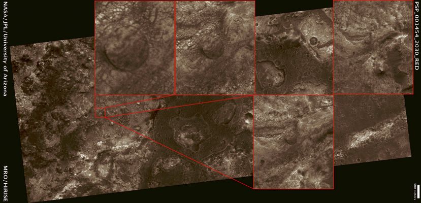 Martian "Roswell"? (ctx frame - High-Def-3D; credits: Dr M. Faccin & Lunar Explorer Italia)
Il rilievo superficiale anomalo che andremo a visionare adesso è, almeno a parer nostro, il più "curioso" fra tutti quelli sino ad ora identificati. 
La ripresa avviene da quasi 300 Km di altitudine e, nella versione ad Altissima Definizione del frame che Vi proponiamo, l'Oggetto che ha attratto l'attenzione del nostro Marco Faccin si manifesta come una sorta di disco - in un frame successivo Vi dimostreremo che si tratta di un cerchio quasi perfetto - il quale, tuttavia, non mostra alcuna apparenza metallica ma, al contrario, condivide la texture ed il colore dell'ambiente ad esso circostante.
Sarà a causa di una sorta di "camouflage"?!? Forse. O forse no. A seguito delle analisi che abbiamo svolto (basandoci, come ovvio, su quanto mostrato dai frames in nostro possesso e quindi contestualizzando il dettaglio) la nostra impressione è che stiamo osservando una "componente" del suolo. Un qualcosa che accede alla superficie e ne condivide la texture ed il colore ma che, nel contempo, si distacca e si distingue da essa, differenziandosi.

Non è un cratere, naturalmente (altrimenti il dettaglio non sarebbe in questa sezione) e, come vedrete nei details mgnf che seguono, si tratta effettivamente di un disco roccioso (?), leggermente inclinato sul piano del suo orizzonte locale (l'inclinazione si nota anche nel frame bidimensionale in quanto ha generato una piccola ombra).

L'origine e gli scopi - ammesso che ne esistano - di una siffatta Surface Feature, sono sconosciuti.
Parole chiave: Mars from orbit - Controversial Surface Feature: "The Old Flying Saucer"