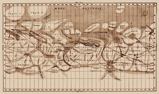 Mars, according to Schiaparelli
Dal nostro Amico Roberto Tremolada, una bellissima (e "datata"!) Mappa del Pianeta Rosso realizzata dal Grande Schiaparelli. 
E quindi, se volete VEDERE e SAPERE di più, Vi invitiamo a consultare la Sezione a Lui dedicata - ed  intitolata "Per Ricordare" - dal bellissimo Sito Lunar Explorer Italia (Sez. Liguria e Piemonte), curato dal nostro Grandissimo Amico e Collega, il Dr Gianluigi Barca.

Vi basterà andare su http://www.lunarexplorer.it/, Sez. "Storia", sub-Sezione "Per Ricordare" e poi...Buona Lettura!
Parole chiave: Mars Maps