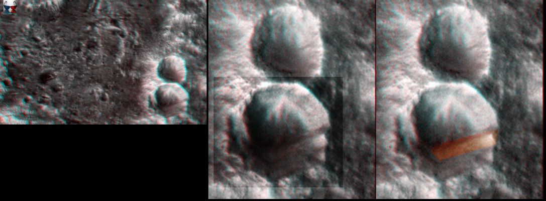 Steps... (edm - High-Def-3D; credits: Dr M. Faccin & Lunar Explorer Italia)
Difficile spiegare rilievi come questo conservando intatte Razionalità e Pragmatismo...La nostra opinione? Ci sono dei "gradoni" (una sorta di "gradoni"...), effettivamente, sul margine inferiore del cratere più prossimo al punto di osservazione i quali ci lasciano perplessi. 

Ci lasciano perplessi a causa della loro linearità e regolarità; ci lasciano perplessi a causa delle loro fattezze; ci lasciano perplessi - infine - anche in sede di contestualizzazione (non siamo lontani, infatti, dal rilievo a "V" di cui si è già detto).

Sarà stata, questa, una Regione Mineraria (in un remoto passato)? 
O forse questi rilievi sono le evidenze di processi biomagnetici ancora in atto (come suggerisce il Dr Feltri)? 
Oppure si tratta solo di illusioni ottiche e sviste?

Secondo noi la realtà è solo una: in questo frame ci sono (e si vedono - BENE) dei rilievi a forma di gradoni.
Essi esistono. 

Ma quale sia il loro significato, la loro natura ed il loro scopo...nessuno, ad oggi, lo può dire.

Nessuno.
Parole chiave: Mars from orbit - Controversial Surface Feature: "The Steps"