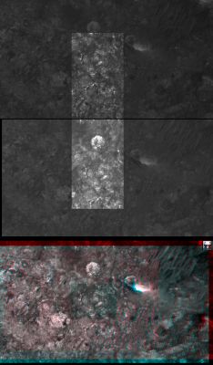 Rocky Circle (High-Def-3D; credits: Dr M. Faccin & Lunar Explorer Italia)
Un rilievo tutto sommato indefinibile, che potrebbe anche essere l'evidenza di un "exhumed crater", ossìa un cratere che, un tempo sepolto, è stato ora riportato alla luce del giorno. Molto interessanti anche l'altri rilievo circolare - la cui albedo è notevole! - che vediamo a Nord dell'exhumed crater (e che sembra essere una sorta di "piazzola", costituita da larghi blocchi di pietra).
Parole chiave: Mars from orbit - Controversial Surface Feature: "The Rocky Circle"
