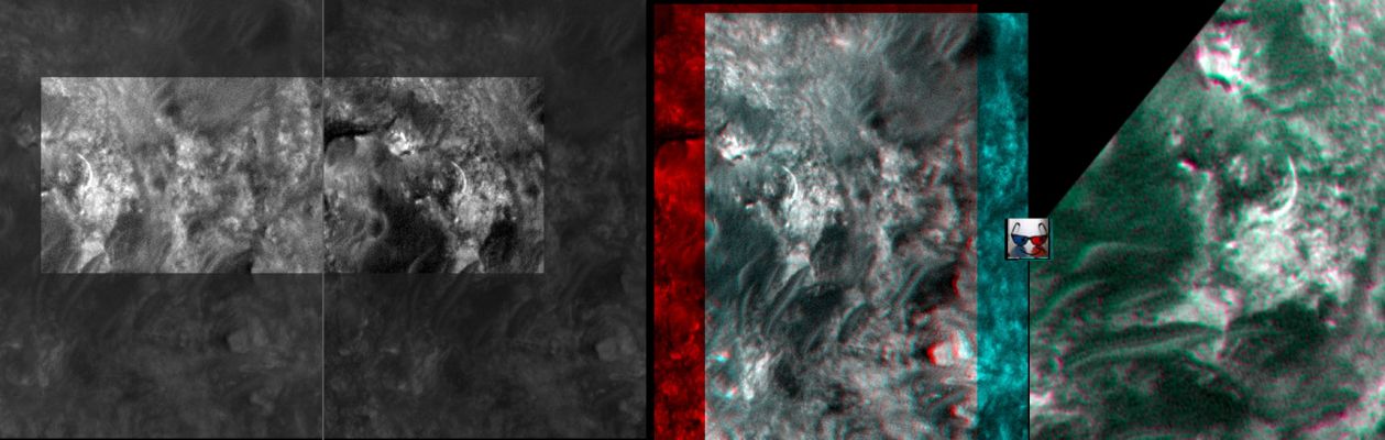 White Arc  (High-Def-3D; credits: Dr M. Faccin & Lunar Explorer Italia)
Il segmento d'arco, semi sepolto fra le rocce, è decisamente chiaro e ben visibile; che cosa sia...Beh, questo proprio non siamo in grado di dirvelo (anche se la nostra sensazione è che si tratti di un rilievo assolutamente naturale; suggestivo, si, ma naturale).
Parole chiave: Mars from orbit - Controversial Surface Feature: "The White Arc"