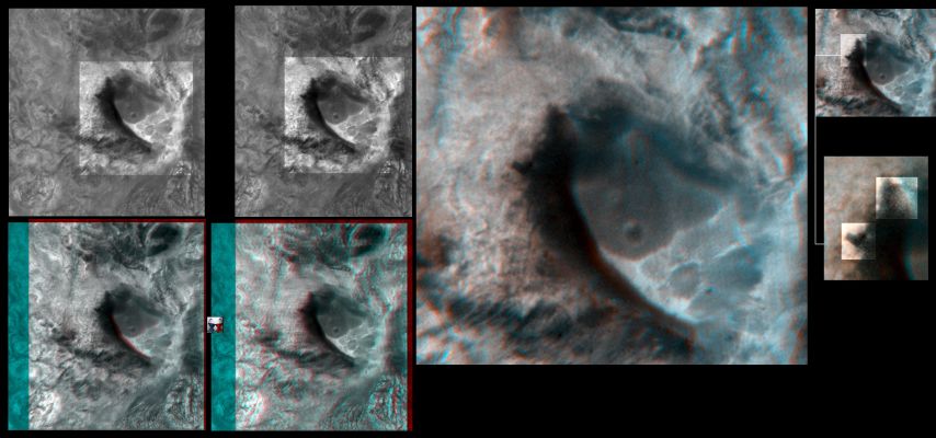 Lake?!? (ctx frame - High-Def-3D; credits: Dr M. Faccin & Lunar Explorer Italia)
I riflessi che caratterizzano il fondo di questa depressione (esaltati dal tridimensionale) sono "familiari": si tratta, infatti, di riflessi tipicamente correlati a raggi di Sole che attraversano dell'acqua o, comunque, che "giocano" su una superficie mobile e ad albedo elevata.
Purtroppo non ci è possibile spingere la nostra speculazione troppo oltre: l'immagine originale, infatti, è stata pesantemente processata e noi siamo perfettamente consapevoli del fatto che il nostro Lavoro potrebbe essere stato la causa (o, almeno, una concausa) dei curiosi effetti luminosi che ben si vedono in questi frames.

Razionalmente parlando, poi, l'idea che possano trovarsi delle grandi masse d'acqua allo stato liquido sulla Superficie di Marte, oggi, non si sposa pienamente con le nostre convinzioni e con il nostro pragmatismo (in altre parole: che, in determinati periodi dell'Anno Marziano, in determinate Regioni ed a determinate condizioni, la Superficie del Pianeta Rosso possa ospitare, per un periodo limitato di tempo, delle modeste masse d'acqua "sporca" - e cioè fanghiglia, tanto per essere chiari -, noi lo riteniamo possibile. Ma che l'acqua scorra e zampilli allegramente su Marte, oggi...Onestamente no: non ci crediamo - e che ci scusi tanto il Dr Skipper che, invece, appare convinto di questa possibilità, tanto da chiamarla "certezza". beato lui!...).

E' tuttavia evidente che l'albedo e la texture del disegno luccicante che caratterizza il versante Sud-Est di questa depressione (che non definiremmo "cratere" e, sicuramente, NON "cratere d'impatto") significa che "qualcosa" è lì, a reagire all'azione dei raggi del Sole. Il detail mgnf che segue, poi, Vi mostrerà che, dalla parete Sud-Est della depressione, SEMBRANO dipartirsi due piccole cascate. 
Cascate.
Si, ma ammesso che si tratti effettivamente di "materiale in caduta libera" (la nostra definizione pragmatica di "cascata"), siamo proprio sicuri che si detto materiale sia "acqua"? O si tratterà di acqua e terriccio, polveri e ceneri varie (fanghiglia, insomma)? 
E se fosse così, come si potrebbe spiegare l'incredibile luminosità di questo materiale, una volta precipitato sul fondo della depressione (il fango, sulla Terra come su Marte, non possiede certamente un'albedo elevata...)?

Le domande, tutte legittime, che ci poniamo, non hanno risposta e quindi, come sempre, dobbiamo fermarci ai FATTI. ed i FATTI sono questi: 

1) esiste una depressione (profonda - nostra stima - una settantina di metri, forse qualcosa in meno);
2) sul fondo di questa depressione, distribuito irregolarmente, giace del materiale altamente riflettente e, forse, trasparente;
3) il nostro processing potrebbe essere la causa dell'effetto di trasparenza e riflettenza, ma l'albedo del materiale depositatosi è genuina ed originale;
4) dal versante Sud-Est della depressione si intuisce una caduta di materiale (lo deduciamo dalla presenza di un tipico blurring da movimento) e questo materiale SEMBRA essere trasparente e riflettente;
5) il materiale in oggetto, una volta raggiunto il fondo della depressione, pare essersi depositato, in larga misura, all'interno di un avvallamento del terreno il quale si posiziona ad Ovest/Sud-Ovest della depressione stessa, praticamente in un'area opposta rispetto a quella di "caduta" (il materiale, quindi - ed in accordo alle nostre osservazioni -, fuoriesce da una coppia di fratture collocate sulla parete Est della depressione, precipita sul fondo della medesima e scorre, assecondando la morfologia del terreno, verso un'area inclinata e più profonda, situata a ridosso della parete Ovest della depressione stessa);
5) nella versione bidimensionale del frame, il materiale depositato sul fondo della depressione appare di color bianco brillante - tipo gesso - ai margini della sua superficie di distribuzione, e di color bianco opaco/grigio nelle sue regioni centrali (ed anche questo è un effetto tipico delle acque basse in rapido movimento, poichè le spume si concentrano, di regola ed in larga misura, sui bordi delle regioni superficiali allagate).

Questi, a nostro modo di vedere, sono i FATTI. Poi, giustamente, ognuno di Voi potrà e dovrà interpretarli come meglio sa e crede.
Parole chiave: Mars from orbit - Controversial Surface Feature: "The Lake with Waterfall"