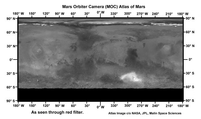 Mars Visual Albedo through a RED Filter
This image of Mars is from the Mars Orbiter Camera (MOC) on the Mars Global Surveyor (MGS) Spacecraft. 
The image means the "Visual Brighness" of Mars, meaning how Mars would appear to the human eye through a red filter. 

The mosaic is from a short time in 1999, when there was a significant dust storm in Hellas Basin (brigh spot on right side near bottom). 
There is no data from the South Pole, because it was in total darkness at the time - and Mars' North Pole was pointed towards the Sun.
Parole chiave: Mars Maps