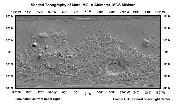 Mars "Ups and Downs"... (shaded version)
Here, the MOLA Altimetry is cast as a 3-D model, a shaded relief map illuminated from the upper right. 

BEWARE: this lighting can not ever happen on Mars! 

The large volcanos stand out beautifully, as do the impact basins of Hellas and Argyre. Also clear here is how flat the Northern Plains really are (remnants of an ocean basin?), the incredible number of craters on the Highlands, and the distinct difference in elelvations between the Highlands and the Lowlands.
Parole chiave: Mars Maps