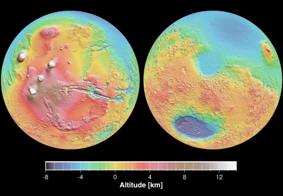 Mars "Ups and Downs"...
To complement the MOLA Laser Altimeter Mercator maps of Mars' elevations and topography, the MOLA Team also produced views of selected hemispheres. 

These views emphasize specific interesting areas or angles. These maps show altitude data coded into colors - blue is low and red/white are high. 
These two hemispheres are centered on the Tharsis Plateau (including the Valles Marineris and the large volcanos) and on the Isidis Impact Basin (with the Hellas Basin to the South).
Parole chiave: Mars Maps