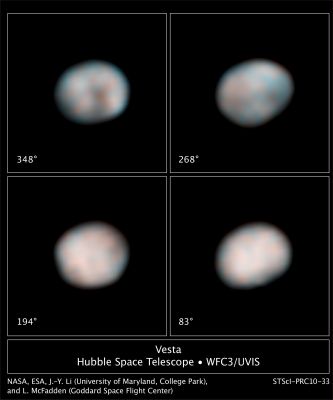 Some of the "Faces" of 4-Vesta, from Hubble Space Telescope
NASA's Hubble Space Telescope snapped these images of the Asteroid 4-Vesta in preparation for the Dawn Spacecraft's visit in 2011. Each of the 4 Hubble images captures views of Vesta during its 5,34-hour rotation period. Hubble's sharp "eye" can see features as small as about 40 Km (24,84 miles) across in these images. Vesta was 211 MKM (approx. 131 MMs) from Earth when Hubble made the observations.

The images show the difference in brightness and color on the Asteroid's Surface. These characteristics hint at the large-scale features that the Dawn Spacecraft will see when it visits the potato-shaped asteroid.

Astronomers used the images, taken with Hubble's Wide Field Camera 3, to better determine 4-Vesta's Spin Axis. Based on the HST observations, astronomers calculated a slightly different, and more precise, Rotation Axis for Vesta. The new calculation will change the pattern of sunlight expected to illuminate the Asteroid when Dawn arrives.

Determining a more accurate Spin Axis for 4-Vesta will also help scientists refine the Dawn Spacecraft's orbit around the Asteroid. Dawn will orbit the rocky object for a year, beginning in July 2011. The Spacecraft will then travel to the "Dwarf Planet" 1-Ceres, arriving in 2015. 

Hubble has kept its "eye" on 4-Vesta for more than 15 years, beginning in 1994. Hubble images of 4-Vesta in 1997 helped astronomers discover the Asteroid's very large Impact crater. Astronomers combined views of 4-Vesta in Near-UltraViolet and blue light to construct these images and the images were taken on Feb. 25, 2010.
Parole chiave: From Space Images - HST - Asteroid Vesta