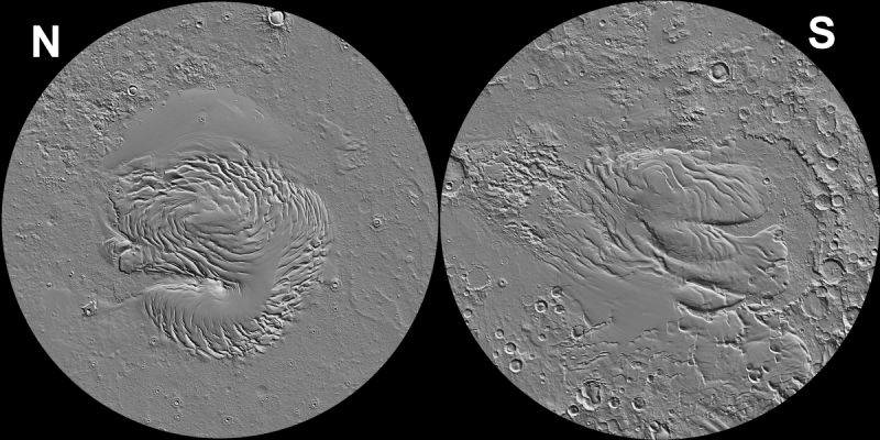 The Poles of Mars
The Mercator Projection distorts Polar Regions beyond recognition, so Polar Projection Maps are commonly made separately. These MOLA shaded topography images of Mars's North and South Polar Regions are stereographic projections, from Latitudes 72° N and S towards the respective Poles. The line of 0° Longitude is to the bottom of the North Pole images, and toward the top of the South Pole image. 
Both Poles are covered by layered ice caps with smooth undulating surfaces. The North Polar Cap sits of a flat plain, while the South Polar Cap sits on heavily cratered land.
Parole chiave: Mars Maps