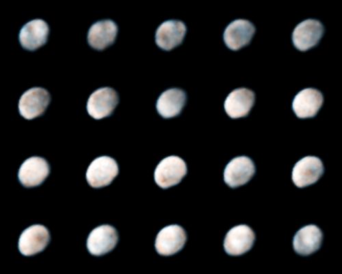 Moments of 4-Vesta
To prepare for the Dawn spacecraft's visit to Vesta, astronomers used Hubble's Wide Field Planetary Camera 2 to snap new images of the asteroid. These images were taken on May 14 and 16, 2007. Each frame shows time in hours and minutes based on Vesta's 5,34-hour rotation period. Using Hubble, astronomers mapped Vesta's Southern Hemisphere, a Region dominated by a giant impact crater formed by a collision billions of years ago. The crater is 285 miles (456 Km) across, which is nearly equal to Vesta's 330-mile (530-Km) diameter.
Hubble's sharp "eye" can see features as small as about 37 miles (60 Km) across. The images show the difference in brightness and color on the asteroid's surface. These characteristics hint at the large-scale features that the Dawn spacecraft will see when it arrives at Vesta in 2011.

Hubble's view reveals extensive global features stretching longitudinally from the Northern Hemisphere to the Southern Hemisphere. 
The images also show widespread differences in brightness in the east and west, which probably reflects compositional changes. Both of these characteristics could reveal volcanic activity throughout Vesta. The size of these different regions varies. Some are hundreds of miles across. 

The brightness differences could be similar to the effect seen on the Moon, where smooth, dark regions are more iron-rich than the brighter highlands that contain minerals richer in calcium and aluminum. When Vesta was forming 4.5 billion years ago, it was heated to the melting temperatures of rock. This heating allowed heavier material to sink to Vesta's center and lighter minerals to rise to the surface. 

Astronomers combined images of Vesta in two colors to study the variations in iron-bearing minerals. From these minerals, they hope to learn more about Vesta's surface structure and composition. Astronomers expect that Dawn will provide rich details about the asteroid's surface and interior structure.


Parole chiave: From Space Images - Hubble Space Telescope - Vesta