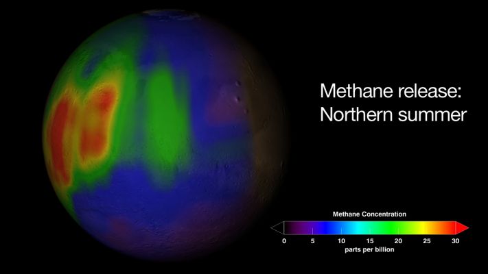 Map of the "Martian Methane"
Caption NASA:"Why is there Methane on Mars? No one is sure. 
An important confirmation that Methane exists in the Atmosphere of Mars occurred last week, bolstering previous controversial claims made as early as 2003. The confirmation was made spectroscopically using large ground-based telescopes by finding precise colors absorbed on Mars that match those absorbed by Methane on Earth. 
Given that Methane is destroyed in the open martian air in a matter of years, the present existence of the fragile gas indicates that it is currently being released, somehow, from the Surface of Mars. 
One prospect is that microbes living underground are creating it, or created in the past. If true, this opens the exciting possibility that life might be present under the Surface of Mars even today. Given the present data, however, it is also possible that a purely geologic process, potentially involving volcanism or rust and not involving any life forms, is the Methane creator. 
Pictured above is an image of Mars superposed with a map of the recent Methane detection".

Nota Lunexit: se la Mappa NASA è realmente accurata ed il quantitativo di Metano presente in Atmosfera è quello "suggerito" dalla Mappa stessa, allora - sempre seguendo la "Logica NASA" - ci troveremmo davanti a due possibili scenari: 

1) Scenario Geologico (Metano come prodotto di processi geologici): Marte è ancora soggetto attivo di fenomeni vulcanici tutt'altro che minori e residuali, visti i quantitativi e la distribuzione del Metano nell'Atmosfera del Pianeta Rosso, oppure
2) Scenario Biologico (Metano come sottoprodotto di attività biologiche attuali): Marte è, letteralmente, "brulicante di Vita" - altro che batteri e micro-organismi - visti, come sopra, i quantitativi e la distribuzione del Metano nell'Atmosfera del Pianeta Rosso.

SOTTOLINEIAMO che queste nostre congetture DERIVANO LOGICAMENTE DALL'ANALISI DEI DATI NASA e NON da nostre speculazioni!

Vi suggeriamo, inoltre, di notare la posizione dei maggiori quantitativi di Metano nell'Atmosfera Marziana...
Parole chiave: Graphs, SPectra and IR + Radio Images