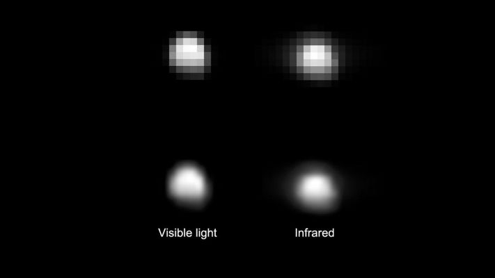4-Vesta in Spectrometer View (Visible Light and IR)
Caption NASA:"On June 8, 2011, the Visible and InfraRed Mapping Spectrometer aboard NASA's Dawn Spacecraft captured the instrument's first images of 4-Vesta that are larger than a few pixels, from a distance of about 218.000 miles (approx. 351.000 Km). The images were taken for calibration purposes.
Images obtained in the Visible part of the light Spectrum, at about 0,55 microns in wavelength, appear on the left. Images obtained in the InfraRed Spectrum, at around 3 microns in wavelength, appear on the right. The spatial resolution of these images is about 60 miles (approx. 90 Km) per pixel.
The Visible and InfraRed mapping spectrometer will be able to provide images of 4-Vesta in 432 wavelengths, which will help scientists determine the basic composition of the Asteroid".
Parole chiave: Asteroids - 4-Vesta