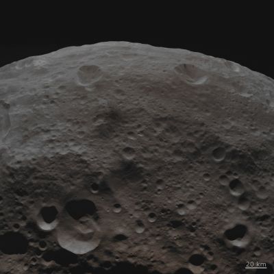 Features of 4-Vesta: Dark Material on Hilltops (Absolute Natural Colors; credits for the additional process. and color.: Dr Paolo C. Fienga - Lunexit Team) 
Caption NASA:"NASA's Dawn Spacecraft obtained this image with its framing camera on Aug. 18, 2011. This image was taken through the framing camera's clear filter aboard the Spacecraft. The image has a resolution of about 260 mts per pixel".


Parole chiave: Asteroids - 4-Vesta