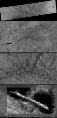 The Fallen Angel
Se ricordate, qualche tempo fa (svariati mesi, a dire il vero), si fece un gran parlare (ed un "gran scrivere"!, su Internet e su qualche rivista "specializzata"... - della "Astronave Sepolta sulla Luna" ed individuata durante la fantamissione NASA "Apollo 20".

Parole, parole e parole e poi, alla fine, il tutto, come accade nel 99,99% dei casi di questo tipo, si risolse in una colossale bufala alla quale credettero (e/o sulla quale specularono) tantissime persone: Appassionati, Entusiasti (e loro li possiamo anche perdonare) e qualche "Esperto" di Ufologia (i quali, invece, sono del tutto imperdonabili). 
Perchè? Perchè l'Astronave sepolta sulla Luna era un "falso radicale", ossìa un "One-hundred-percent Fake".

Oggi, a distanza di un (bel) pò di tempo, il nostro straordinario Dr Faccin ci propone questo nuovo ed incredibile dettaglio (estrapolato da un frame MRO, nella sua versione in JP2000) il quale, a differenza della "bufala dell'Apollo 20", è ASSOLUTAMENTE GENUINO. 

Di che si tratta? Si direbbe una sorta di cilindro dall'aspetto tutt'altro che naturale - a dall'albedo elevata - il quale giace sul suo lato lungo, semisepolto e, dunque, praticamente invisibile, tra le dune e gli outcrops di una Regione peri-equatoriale Marziana che, per il momento, non citiamo (ma se la riconosceste Voi, allora...Complimenti!).

Si tratta dell'"evidenza" di un (antico) manufatto "indigeno" (magari il residuo affiorante di un sistema di tubazioni sotterranee destinate al trasporto di acqua, gas o altra fonte energetica locale)? 
E', effettivamente, il frammento di una astronave (o di un altro velivolo equipollente) andata distrutta a seguito dell'impatto con il Pianeta Rosso? 
O è solamente un rilievo naturale, ma dalle forme bizzarre, che ci sta traendo in inganno?

Lo sapete: una risposta CERTA non esiste. Oggi.

Osservate, valutate e poi, se volete, provate a rispondere Voi stessi a queste domande. Noi, come sempre, aspettiamo le Vostre idee, opinioni e teorie.
Parole chiave: Mars from orbit - Extremely Controversial Surface Feature