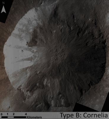 Cornelia Crater (Absolute Natural Colors; credits for the additional process. and color.: Dr Paolo C. Fienga/Lunar Explorer Italia/Italian Planetary Foundation)
This frame shows us a consistent number of examples of long, narrow and sinuous Gullies that scientists on NASA's Dawn Mission have found on the Giant Asteroid 4-Vesta. The Impact Crater shown here is called Cornelia and the Gullies inside it - called "Type-B" Gullies - are different substantially from the straighter, wider, shorter Gullies that Planetary Scientists have found on different Celestial Bodies (like the ones located on the Rims of many Martian Impact Craters, for instance) and which are designated as "Type-A" Gullies (and the reason of such a distinction is found in the circumstance that these two Gully-types have different formation mechanisms). This picture was obtained by the NASA - Dawn Spacecraft Framing Camera on January 11, 2012; North is up.

This frame (which is an Original NASA - Dawn Spacecraft b/w image published on the NASA - Planetary Photojournal with the ID n. PIA 16489) has been additionally processed and then colorized, according to an informed speculation carried out by Dr Paolo C. Fienga (LXTT-IPF), in Absolute Natural Colors (such as the colors that a human eye would actually perceive if someone were onboard the NASA - Dawn Spacecraft and then looked outside, towards the Surface of the Giant Asteroid 4-Vesta), by using an original technique created - and, in time, dramatically improved - by the Lunar Explorer Italia Team. Different colors, as well as different shades of the same color, mean, among others, the existence of different Elements present on the Surface of 4-Vesta, each having a different Albedo (---> Reflectivity) and Chemical Composition.
Parole chiave: Asteroids - 4 Vesta