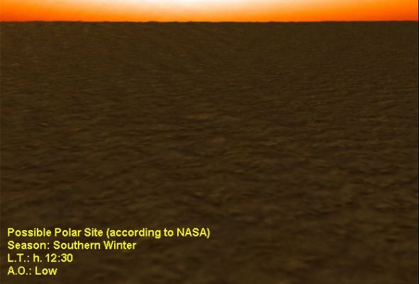 South Polar Winter
Un'immagine "virtuale" NASA che avrebbe dovuto rappresentare un'area del Polo Sud di Marte la quale fosse idonea per un landing.
Ovviamente noi non abbiamo idea se la superficie di Marte nella sua Regione Sud-Polare sia simile a quanto ipotizzato dalla NASA in questo frame o no, ma una cosa è certa: il frame NASA è errato dal punto di vista della luminosità apparente del paesaggio il quale, sempre secondo i loro Scienziati, dovrebbe essere cupo e molto polveroso.

Noi siamo intervenuti solo sulla luminosità, abbattendola.
Parole chiave: Virtual Mars - South Polar Region