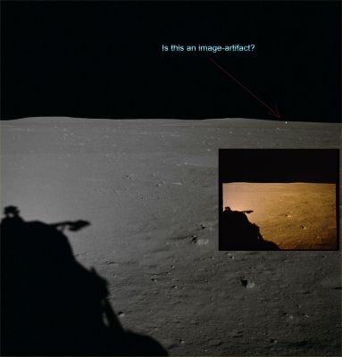 AS 11-37-5455 - Here's the "Flare-like light"! (Frame restored and recalibrated; credits: Dr Paolo C. Fienga/LXTT/IPF) 
This is an historical picture taken by the NASA - Apollo 11 Astronaut "Buzz" Aldrin from his own window; it forms part of a five-frames panorama and it shows the Lunar Surface just after landing, with the Lunar Module shadow and the Lunar Horizon. 

The "Flare-like Light" that is very well visible on the right (Dx) side of the frame, very close to the Horizon, is one of the many "misteries" that were found during the analysis of the whole Apollo - Moon Collection. Said that, the question is (relatively...) "simple": is this "Flare-like Light" a real - and, perhaps, just "temporary" - Feature of the Lunar Surface (a "flare", for instance, like it was originally speculated by Dr Paolo C. Fienga/LXTT/IPF, and then confirmed by a former Member of the Lunar and Planetary Institute), or is it just one of the very many image-artifacts (---> such as, basically, "defects" of the picture caused by some imperfection in the camera lenses and/or in the film itself) that can also be found in the Apollo - Moon Collection?

Of course we, as IPF, do not have a final answer to this question and, apparently, nobody does (even though a former NASA's Image Technician wrote us saying that the "shining light" was a true Surface Feature and, in his opinion, "...the result of Sunlight that was illuminating a distant - but highly reflective - boulder...". An opinion, this one, that we deeply respect but, honestly speaking, that we also consider extremely unlikely: consider, in fact, that no light whatsoever is visible in that precise spot in the frame that follows this one - such as AS 11 37-5456 -; a frame that was taken only a few seconds after AS 11 37-5455. Now, if this "light" was really just a reflection caused by Sunlight illuminating an highly reflective boulder, it is logical and reasonable to assume that the "reflection" should have still been very well visible over there, even a few seconds (and, maybe, also for a few minutes) after the time when "Buzz" took the first picture of his "Window Panorama". But this - we repeat: reasonable and logical - "circumstance", as a matter of fact, did not happen. The Flare-like Light (or the reflection, if you prefer) vanished very quickly. Why? Of course no answer even to this last question was ever given.

Anyway, the "Flare-like Light" (which may also look like a "Metallic Reflection" in the LPI frame) is there and, in a way, it keeps "asking" us to be recognized and identified, beyond any reasonable doubt, for what that it really was. Maybe, in the Future, we shall know more. Or, maybe (and most likely), the "Flare-like Light" shall remain a Lunar Mistery forever...

This bigger picture (which is an Original NASA - APOLLO 11 Spacecraft color frame published on the NASA - Apollo 11 Lunar Surface Journal with the ID n. AS 11-37-5455) has been additionally processed and then re-colorized in Absolute Natural Colors (such as the colors that a human eye would actually perceive if someone were onboard the NASA - Apollo 11 Lunar Module and then looked outside, towards the Surface and Horizon of the Moon), by using an original technique created - and, in time, dramatically improved - by the Lunar Explorer Italia Team. Different colors, as well as different shades of the same color, mean, among other things, the existence of different Elements (Minerals) present on the Surface of the Moon, each having a different Albedo (---> Reflectivity) and Chemical Composition. 

The smaller (inset) picture, is also an Original NASA - APOLLO 11 Spacecraft color frame published by the Lunar and Planetary Institute (LPI) on the Apollo Image Atlas with the ID n. AS 11-37-5455. This second picture HAS NOT been additionally processed nor re-colorized by Lunar Explorer Italia.
Parole chiave: Lunar Surface - Controversial Frame