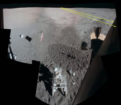 AS 14-66-9335 - Lunar Panorama with "Red Lights" (Credits for the additional process. and color.: Dr Gianluigi Barca - Lunexit Team)
Problema risolto, grazie al nostro Vice-Presidente, Dr Gianluigi Barca: le due "Bolle" di Luce Rossa sono delle Lens Flares, causate - apparentemente - dai due leds rossi che vedete tracciati ed indicati dalle linee gialle. 

Gradi Complimenti al Dr Barca, dunque, per aver "spento" sul nascere la maturazione di ipotesi "esotiche"! 

Va detto, in ogni caso, che cercheremo anche di capire che cosa fossero ed a cosa potessero servire i due leds rossi che, se li osservate attentamente, ci rammentano (piuttosto bene) i "puntatori laser" usati da un famosissimo "mostro alieno" della (quasi) moderna Science-Fiction: il "Predator".
Parole chiave: Lunar Surface - Controversial