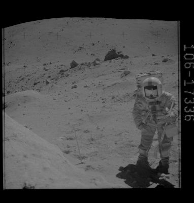 AS 16-106-17336 - Watch carefully... (additional processing by Lunexit)
Caption NASA:"167:24:45 MT - Charlie turned to get this "locator" to House Rock. The tongs are stuck in the ground as a substitute for the broken Gnomon. 
John has the rake. 
House Rock is the very large boulder beyond John's right shoulder".

Nota Lunexit: guardate attentamente il "boulder" di modeste dimensioni situato alla Dx di House Rock (Sx dell'Osservatore). Lo ricordate? Guardate bene: si tratta di una delle maggiori rocce anomale mai individuate su frames Apollo (ed ancora un grazie al Dr Gianluigi Barca per la "scoperta" originaria!).
Parole chiave: Lunar Panorama - Rocks, Boulders, Regolith and Debris - Controversial