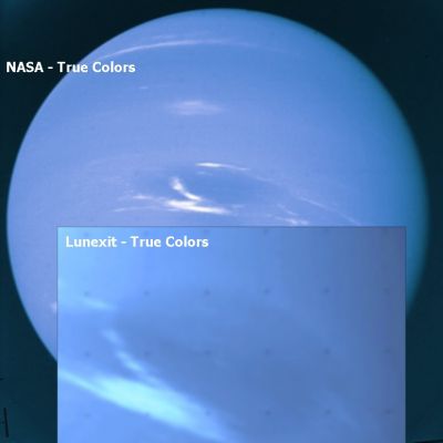 Do you see any difference?
Allora, che ne dite? I "true colors" di Nettuno secondo la NASA ed i "true colors" di Nettuno secondo Lunexit: vedete qualche (significativa) differenza? 
Secondo noi non c'è (praticamente) alcuna differenza ed il motivo è semplice: Nettuno è lontano, freddo e dimenticato.
Nettuno non è una "minaccia" e non serve trasformarlo in qualcosa che non è. Marte, invece...Marte è vicino, terribilmente vicino e, forse, esistono almeno un milione di buoni motivi per "trasfigurarlo".

Forse.

O forse - come molti pensano - la NASA e l'ESA ci fanno vedere le cose per quello che sono (su Nettuno e su Marte ed ovunque nel Sistema Solare) e siamo noi a sbagliare, a fraintendere ed a trasfigurare...
Parole chiave: Neptune
