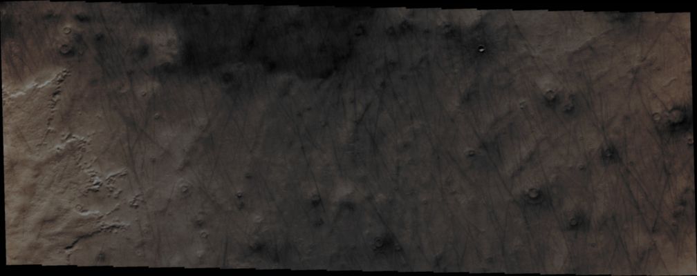 Dust Devils' Tracks in Arcadia Planitia (Absolute Natural Colors; credits for the additional process. and color.: Dr Paolo C. Fienga/Lunar Explorer Italia/Italian Planetary Foundation)
Orbit Number: 47093 
Latitude: 62,264° North 
Longitude: 194,781° East 
Instrument: VIS 
Captured: July, 26th, 2012
Parole chiave: Mars from orbit - Aeolian Features - Dust Devil's (DD) Tracks