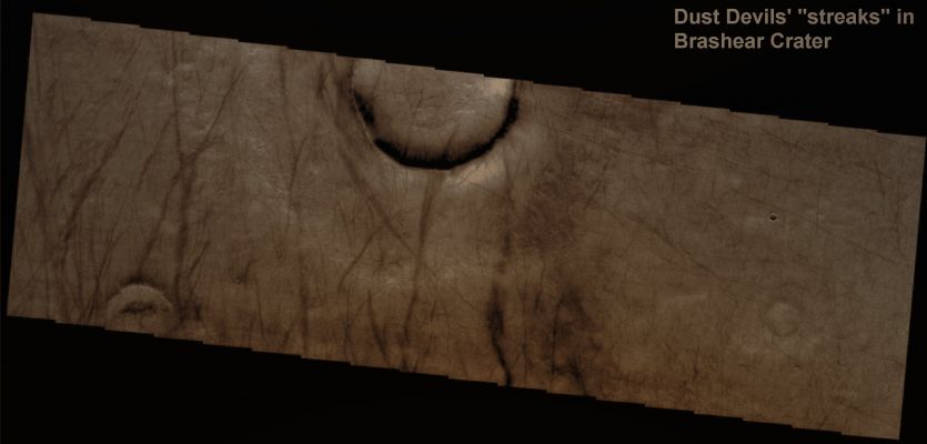 Dust Devils Tracks between Brashear and Ross Crater (Natural Colors; credits for the additional process. and color.: Dr Paolo C. Fienga - Lunexit Team)
Caption originale:"Dust Devil activity in this Region between Brashear and Ross Craters is very common. Large areas full of DD tracks surround the South Polar Region of Mars. 

Image information: VIS instrument;
Latitude: 55,2° South;
Longitude: 244,2° East;
Resolution: 17 meter/pixel. 
Parole chiave: Mars from orbit - Craters - Brashear Crater