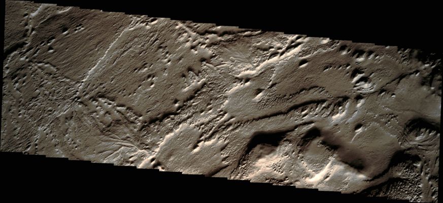 Inverted Channels in Aeolis Planum (Absolute Natural Colors; credits for the additional process. and color.: Dr Paolo C. Fienga - Lunexit Team)
Caption NASA:"This VIS image shows a portion of the Eastern side of Aeolis Planum. 
The Region has been extensively eroded by the wind. Relics of an earlier surface are located in the central part of the image, in the form of Inverted Channels. 
This meaning that the material which filled in the Channels is more resistant to the wind than the surrounding materials".

Coord.: 3,0° South Lat. and 149,7° East Long.
Parole chiave: Mars from orbit - Inverted Channels - Eolis Planum Region
