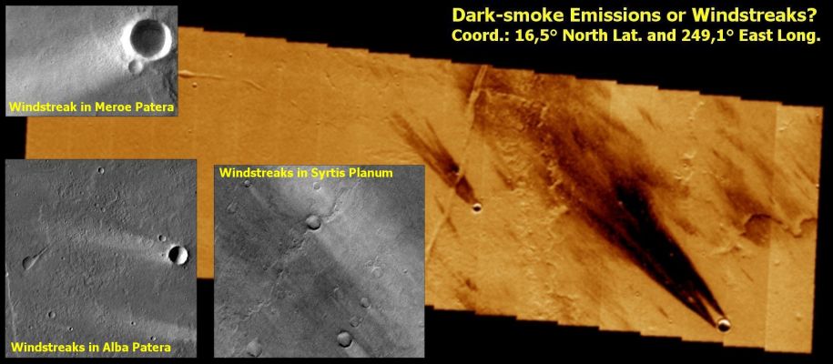 Windstreaks inside Becquerel Crater (CTX Frame: False Colors - insets: Original NASA/MGS/MSSS and NASA/JPL/ASU b/w Frames)
Un piccolo mosaico, tanto per evidenziare la notevole (sempre e solo a nostro avviso, naturalmente) diversità esistente fra alcuni Windstreaks.
Tanto per prevenire possibili malintesi, ribadiamo che il Windstreak, tecnicamente, è (o forse sarebbe meglio dire "dovrebbe essere") l'espressione visibile di un'area superficiale "protetta" da un rilievo la quale, di conseguenza ed a differenza delle aree ad essa latistanti, NON viene spazzata dal vento (diciamo che è "risparmiata").
Ma alcuni Windstreaks, a differenza di quanto detto qui di sopra, esprimono invece il risultato visibile di quanto il vento ha DIRETTAMENTE trasportato su una specifica area superficiale (il che vuol dire che essi non rappresentano un'area "coperta", bensì un'area "battuta").

Questa distinzione costituisce una mera "finezza/sottigliezza" interpretativa, forse? Secondo noi no. No perchè una cosa è guardare cosa accade ad un'area su cui il vento non arriva a battere direttamente (a causa della presenza di un ostacolo) ed un'altra osservare che cosa il vento ha trasportato su una certa superficie, battendo direttamente su di essa. 
Osservate l'omogeneità iniziale del tre Windstreaks presenti nei frames in b/n (si tratta dunque di Windstreaks che evidentemente esprimono delle aree "protette") e la forma a "V" dei Windstreaks individuati nelle prossimità di Ascraeus (i quali, ora ed altrettanto evidentemente, esprimono aree "battute").

Le implicazioni derivanti da questa (sommaria, ma non insignificante) classificazione dei Windstreaks ci paiono talmente evidenti da non necessitare, in questa sede, di ulteriori spiegazioni.
Parole chiave: Mars from orbit - Aeolian Features - Windstreaks