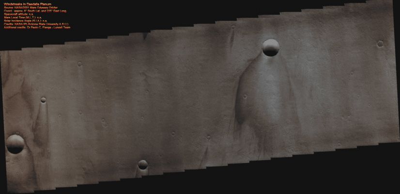Windstreaks in Daedalia Planum (Natural Colors; credits for the additional process. and color.: Dr Paolo C. Fienga - Lunar Explorer Italia)
nessun commento
Parole chiave: Mars from orbit - Aeolian Features - Windstreaks