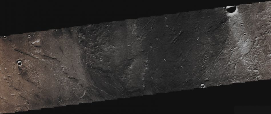 Windstreaks (Enhanced and Darkened Natural Colors; credits for the additional process. and color.: Dr Paolo C. Fienga - Lunexit Team)
Caption NASA originale:"Windstreaks are features caused by the interaction of Wind and Topographic Landforms. The raised Rims and Bowls of Impact Craters cause a complex interaction such that the Wind Vortex in the Lee (---> lato sottovento/lato protetto) of the Crater can both scour away the Surface Dust and deposit it back in the center of the Lee. If you look closely, you will see evidence of this in a darker Rim enclosing a brighter interior. These Windstreaks are located in the Region between Gordii Dorsum and Amazonis Mensa". 

Image information: VIS instrument;
Latitude 23,2° North; 
Longitude 237,1° East (such as 122,9 West);
Resolution: 36 meter/pixel.
Parole chiave: Mars from orbit - Aeolian Features - Windstreaks