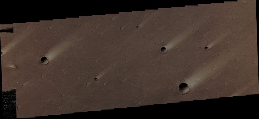 Windstreaks in Chrise Planitia (Absolute Natural Colors; credits for the additional process. and color.: Dr Paolo C. Fienga - Lunexit Team)
Orbit Number: 44467 
Latitude: 28,205° North 
Longitude: 316,709° East
Instrument: VIS 
Captured: December, 23rd, 2011
Mars Local Solar Time: 16:41 (Middle Afternoon)
Parole chiave: Mars from orbit - Aeolian Features - Windstreaks