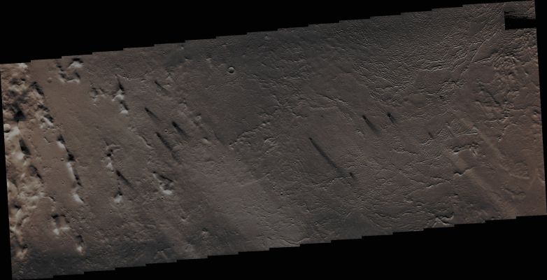 Windstreaks near Lycus Sulci (Absolute Natural Colors; credits for the additional process. and color.: Dr Paolo C. Fienga/Lunar Explorer Italia/IPF)
Orbit Number: 47254 
Latitude: 32,905° North 
Longitude: 226,441° East 
Instrument: VIS 
Captured: August, 9th, 2012
Parole chiave: Mars from orbit - Aeolian Features - Windstreaks