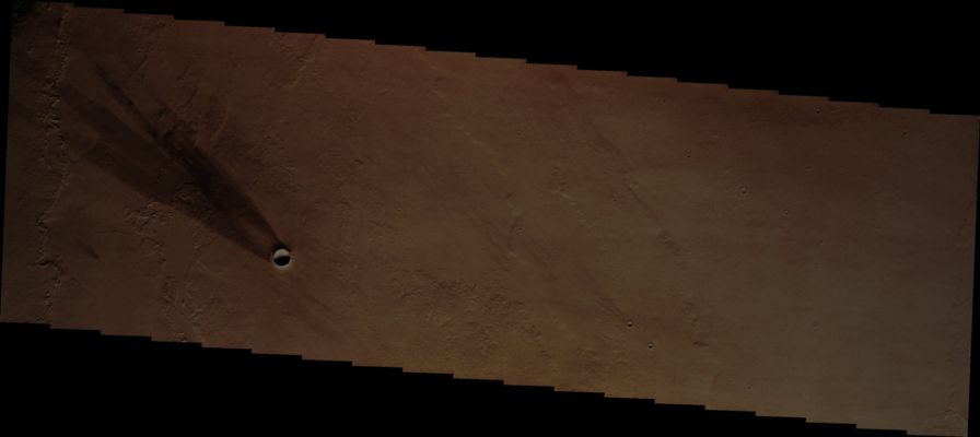 Beautiful Windstreak, East of Pavonis Mons (Enhanced and Darkened Natural Colors; credits for the additional process. and color.: Dr Paolo C. Fienga - Lunar Explorer Italia)
Caption NASA:"This Windstreak is located on the Volcanic Flows located East of Pavonis Mons. The multiple tail ends indicate the direction of the wind has changed over time. The darkest tail is the most recent".

Coord.: 0,8° South Lat. and 256,5° East Long.
Parole chiave: Mars from orbit - Windstreaks