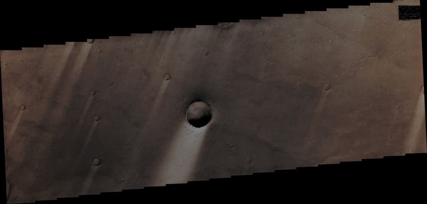 Windstreak in Syrtis Major Planum (Absolute Natural Colors; credits for the additional process. and color.: Dr Paolo C. Fienga - Lunexit Team)
Orbit Number: 44101 
Latitude: 4,105° North 
Longitude: 67,941° East 
Instrument: VIS 
Captured: November, 23rd, 2011
Mars Local Time (M.L.T.): 13:51 (Early Afternoon)


Parole chiave: Mars from orbit - Aeolian Features - Windstreaks