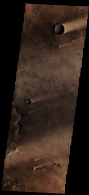 Windstreaks in Syrtis Major Planum (EDM - Absolute Natural Colors; credits for the additional process. and color.: Dr Paolo C. Fienga/Lunar Explorer Italia/Italian Planetary Foundation)
In this VIS image, taken by the NASA - Mars Odyssey Orbiter on September, 24th, 2013, and during its 52.254th orbit around the Red Planet, we can see (an count) a series of at least 8 (eight) Windstreaks (probably the most common Aeolian - meaning Wind-caused/related - Surface Feature found on Mars), which are located in the (VERY dark, as far as its Albedo - Reflectivity - is concerned) Region known as Syrtis Major Planum. 
Syrtis Major Planum - when observed through a telescope - looks like a "Dark Spot" (---> Albedo Feature) located at the Boundary between the Northern Lowlands and Southern Highlands of Mars, just West of the large Impact Basin known as Isidis Planitia. In fact, Syrtis Major Planum was discovered, on the base of data collected by the NASA - Mars Global Surveyor Orbiter, to be a low-relief Shield Volcano, when it was formerly believed to be just a Plain (and it was then known as Syrtis Major Planitia). The very dark color of its Surface comes - most likely - from the Basaltic Volcanic Rocks that form (---> are found all over) the Region and a corresponding (and relative) relative lack of the Red/Orange Dust that covers most of the Red Planet.

Latitude (centered): 5,90248° North 
Longitude (centered): 69,73730° East 
Instrument: VIS 

This image (which is an Original Mars Odyssey Orbiter b/w and Map-Projected frame published on the NASA - Planetary Photojournal with the ID n. PIA 17683) has been additionally processed, magnified, contrast enhanced, Gamma corrected and then colorized in Absolute Natural Colors (such as the colors that a human eye would actually perceive if someone were onboard the NASA - Mars Odyssey Orbiter and then looked down, towards the Surface of Mars), by using an original technique created - and, in time, dramatically improved - by the Lunar Explorer Italia Team.
Parole chiave: Mars from orbit - Aeolian Features - Windstreaks