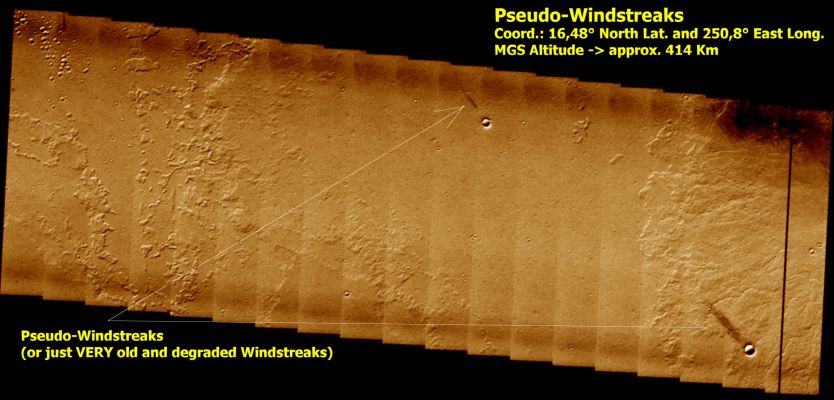 Windstreaks, Pseudo-Windstreaks and Surface Striations (1 - False Colors)
Un grazie di cuore al Dr Gianluigi Barca per aver selezionato (assieme a molti altri) questi 3 frames MGS che, in accordo a quanto dice la NASA, dovrebbero tutti rappresentare dei "Windstreaks".

Ebbene, pur rendendoci conto si quanto spinosa sia la questione dei rilievi superficiali aventi una natura (presumibilmente) eolica, a noi sembra opportuno cercare di non "ammassare" sotto la medesima categoria una serie di fenomeni "visivamente" (e, forse, SOLO visivamente...) simili - talvolta, magari, anche MOLTO simili.

Una serie di fenomeni che, in realtà, potrebbero non solo essere il frutto di eventi sostanzialmente DIVERSI, ma che potrebbero anche costituire la rappresentazione visibile (quella che noi chiamiamo Evidenza Oggettiva) di un medesimo evento il quale, tuttavia, dopo aver influito sulla superficie del Pianeta Rosso (modellandola) in un certo modo all'atto del suo verificarsi, si è poi esaurito ed ha quindi lasciato che le sue tracce/conseguenze, in un certo senso, si evolvessero e degradassero, in accordo alle Leggi del Tempo ed agli accadimenti geologici ed atmosferici propri della realtà in cui esso ebbe a verificarsi.

Una storia di "nascita", "evoluzione" - "invecchiamento", se si vuole... - ed "estinzione", in fondo. Una storia che ci rammenta che tutto, in questo Universo (a nostro parere, ovviamente), ha una origine, si evolve - cambiando - e quindi si deteriora e scompare: sulla Terra, su Marte, nelle Stelle e Galassie più lontane.

Una storia molto simile a quella degli Esseri Umani, se volete...
Parole chiave: Mars from orbit - Aeolian Features - Windstreaks