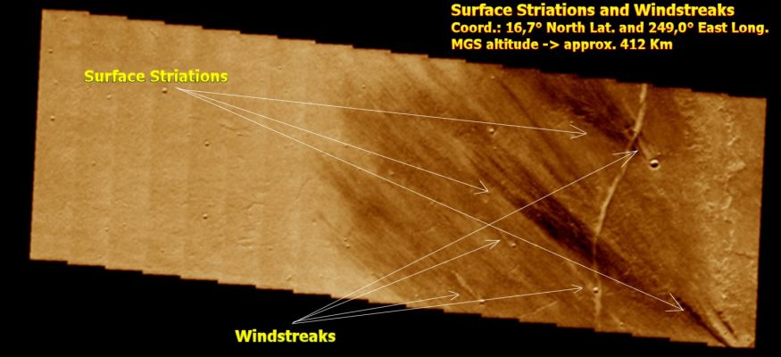 Windstreaks, Pseudo-Windstreaks and Surface Striations (2 - False Colors)
I "Windstreaks" presentano caratteristiche visibili che li rendono agevolmente riconoscibili. Essi si dipartono da rilievi superficiali (anche modesti) quali bordi di crateri - rims -, picchi centrali di crateri di medio/grandi dimensioni - peaks -, colline - hills -, fratture superficiali "a scalino" - step-like cracks - ed anche macigni erratici ed ejecta - erratic and ejecta boulders.
Le superfici di questi rilievi, opponendosi al vento, creano, alle spalle dei rilievi medesimi, almeno 3 diverse tipologie di terreni (diciamo 3 diverse aree): 

1) Area di minimo disturbo - è l'area più protetta, proprio a ridosso della porzione sottovento del rilievo e, di regola, ha un colore più chiaro rispetto al resto del paesaggio e la forma di un triangolo isoscele; 
2) Area con massimo disturbo - segna la fine del cono di protezione costituito dal rilievo opposto al vento e l'inizio della superficie direttamente battuta dal vento; ha una forma - di regola - lineare e si caratterizza per il fatto di avere un colorito più scuro ripetto al resto del paesaggio; 
3) Area di transizione - ha una forma arcuata, conica o anche semi-circolare e definisce la fine della "regione di influenza" del rilievo sui venti che battono la superficie su cui esso sorge.

I Windstreaks, ovviamente, possono configurarsi in maniera diversa rispetto alle tre tipologie che abbiamo descritto qui di sopra, ad esempio, allorchè i venti battono da diverse direzioni in tempi diversi, ora cancellando le aree (1) ed ora confondendo le aree (2) e (3), ma il dato di fatto che a noi preme sottolineare è che, comunque sia, l'azione del vento sui rilievi (piccoli, medi o grandi che sìano) produce un "Windstreak" il quale, almeno inizialmente, configura ("disegna", se volete...) il suolo determinando le tre aree che abbiamo definito.

Ora, a Vostro parere, i segni del "battere" del vento su una superficie ed i segni che il "muoversi" di corpi spinti dal vento sulla medesima superficie producono, sono "visivamente" uguali? 
Le tracce lasciate dal vento che, trasportando sabbie e polveri, batte e "ripulisce" una superficie e le tracce lasciate, sempre su una superficie, da un vento che trasporta "fumi in emissione da camini vulcanici", sono "visivamente" uguali? 
Possono esserlo?

Noi non abbiamo intenzione - per tanti motivi - di metterci a riscrivere tutta la "storia" (geologica ed atmosferica) di Marte riclassificandone tutti i fenomeni però, se avete seguito i nostri ragionamenti sino a questo punto, sarete d'accordo con noi nel dire che, forse, non tutto quello che "sembra essere qualcosa" poi si rivela essere realmente "quel qualcosa". 

Ricordate? Non tutti i crateri, forse, derivano da impatti; non tutte le dune derivano da accumuli di sabbie e polveri trasportate dai venti e, quindi (e sempre "forse"), non tutti i Windstreaks sono il prodotto delle medesime azioni. 
O meglio: che si tratti, a proposito dei Windstreaks, di eventi sempre legati ad azioni eoliche, siamo tutti d'accordo; ma che queste azioni eoliche, alla fine, vadano ad esprimere sempre le medesime caratteristiche "a prescindere"...A noi pare una forzatura.

Ed ora: che parlino le immagini e, con esse, i Vostri occhi, le Vostre competenze e, certamente, le Vostre sensazioni e supposizioni. 

Buon Lavoro!
Parole chiave: Mars from orbit - Windstreaks - Controversial