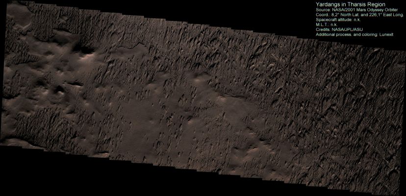 Peri-Equatorial Yardangs (MULTISPECTRUM; credits: Lunexit)
Caption NASA:"The power of the wind to reshape the surface is readily exposed in the Equatorial Region of Mars, South and East of Olympus Mons. The materials here have been sculpted and resculpted by thousands, if not hundreds of thousand, years of exposure to the wind". 
Parole chiave: Mars from orbit - Yardangs