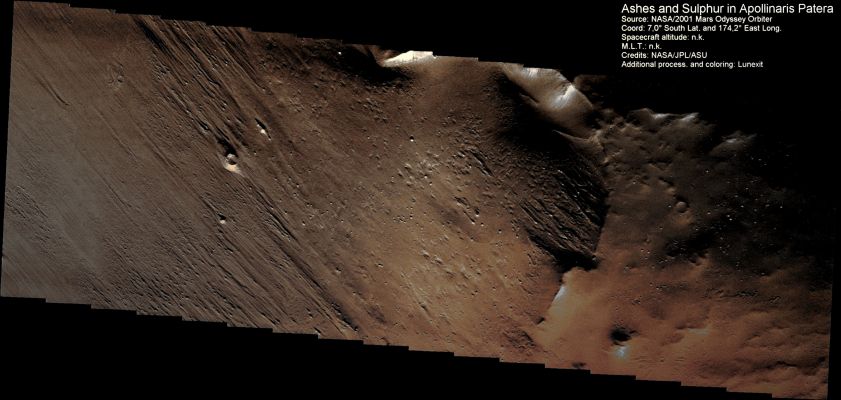 Ashes and Sulphur all over Apollinaris Patera (Extremely Enhanced Natural Colors; credits for the additional process. and color.: Dr Paolo C. Fienga - Lunexit Team)  
Se, per questo frame, la NASA sottolinea, per altro giustamente, l'aspetto legato ai "segni del vento" lasciati nei pressi dell'antico vulcano noto come Apollinaris Patera, noi preferiamo enfatizzare il "senso" di questa colorizzazione (forse un pò psichedelica, ma non fantasiosa).
Ricordate le istantanee Apollo 17 che ritraevano, nei pressi del Cratere noto come "Shorty", delle sabbie e detriti arancio/rossastri e che tanto stupirono la Comunità Scientifica? Ebbene, quel "bizzarro" colore della superficie lunare era solo l'evidenza di una remota attività vulcanica o di un, forse più recente, outgassing. Qualunque fosse l'origine del fenomeno, tuttavia, la sua causa venne chiarita attraverso l'analisi dei campioni riportati a Terra.

Per ricordare:"...On Earth, orange or rust-colored rocks and soil around volcanic vents are often the result of literal rusting of iron by volcanic water vapor. If this was the cause of the orange soil at Shorty then, small amounts of volcanic gasses might still be present (on the Moon)...". 

Ed anche su Marte, ovviamente. Le "parole magiche", poi (e soprattutto per Marte), sono "ruggine causata da vapore acqueo". Ora la domanda è ovvia: perchè continuare a soffermarsi sulla tracce di "Aeolian Activities" quando c'è qualcosa - a nostro parere - di molto più intrigante da indagare? 
Qualcosa che se, sulla Luna, poteva avere senso solo se riferita ad un remoto passato, su Marte potrebbe significare moltissimo in proiezione attuale e futura? Pensateci bene: il fenomeno del "rusting" (e quindi dei colori rosso/arancio accesi, sia sulla Luna, sia sulla Terra e sia su Marte o altrove nel Sistema Solare) si risolve nell'ossidazione di elementi ferrosi (iron-based and iron-rich elements) a causa della presenza di acqua (in qualche forma).
Perchè quindi ignorare il vapore acqueo (con la possibile "cappa di umidità" in perenne sospensione, come sostiene l'Amico Matteo Fagone) e parlare solo di "venti", di "yardangs", di "layers" e di tante altre cose certamente importanti e meravigliose, ma mai tanto importanti e meravigliose quanto l'eventuale - ed attuale - presenza di acqua sul Pianeta "Arrugginito"? 

Ecco: alla fine, ben più di Cydonia e dei possibili "Artifacts Marziani", è questo il VERO "mistero"...
Parole chiave: Mars from orbit - Volcanic Regions - Apollinaris Patera