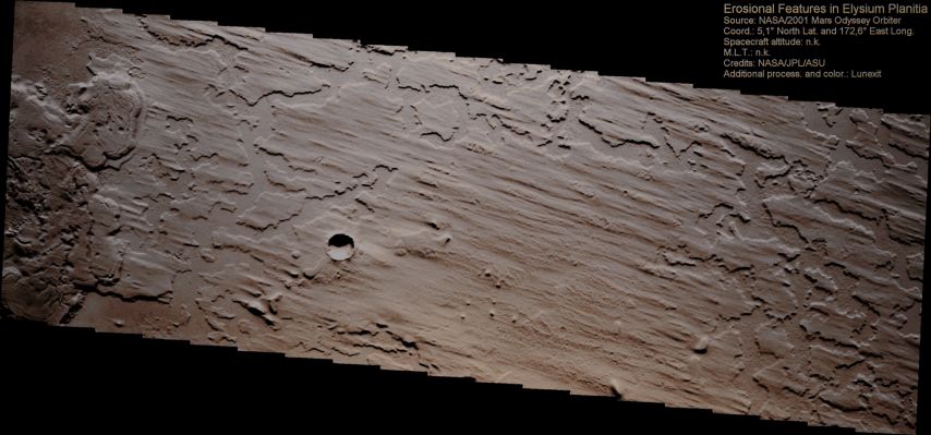 Yardangs in Elysium Planitia (Natural Colors; credits for the additional process. and color.: Dr Paolo C. Fienga - Lunar Explorer Italia)
nessun commento
Parole chiave: Mars from orbit - Aeolian Features - Yardangs