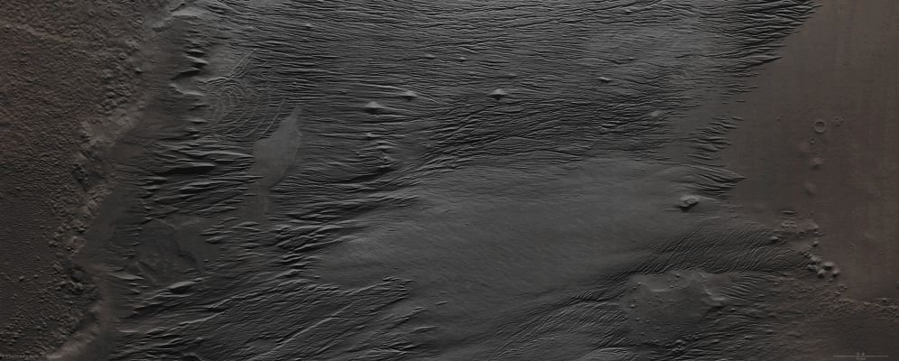 Features of Eumenides Dorsum (Absolute Natural Colors; credits for the additional process. and color.: Dr Paolo C. Fienga - Lunexit Team)
This frame, which is a mosaic of several orbital images obtained by the High Resolution Stereo Camera onboard the ESA - Mars Express Orbiter, shows us a number of Surface Features; in particular, and in addition to the presence of Plains, Buttes and just a few ancient and semi-buried Impact Craters, we suggest you to pay some special attention to the unbelievable complex of Sinuous Erosional Surface Striations, known as "Yardangs" (which are the most common Aeolian - meaning "sculpted by Wind" - Features that can be found on the Red Planet), that covers a huge portion of the central part of the picture. 
All the abovementioned Surface Features are located in the Eumenides Dorsum Region of Mars, which lies to the West of the Tharsis Volcanic Province and forms part of the Region known as Medusae Fossae, at approx. 2° South Latitude and 206° East Longitude. The images here were taken on the date of December, 26, of the AD 2007; they have a ground resolution of about 13 meters per pixel and cover an area (in total) of about 12.000 square Km.
This frame (which is the Original ESA - Mars Express HRST b/w mosaic n. 424-20081105-5114-6-co-01-H1) has been additionally processed and then colorized in Absolute Natural Colors (such as the colors that a human eye would actually perceive if someone were onboard the ESA - Mars Express Orbiter and then looked down, towards the Surface of Mars), by using an original technique created - and, in time, dramatically improved - by the Lunar Explorer Italia Team. Different colors, as well as different shades of the same color, mean, among others, the existence of different Elements present on the Surface of Mars, each having a different Albedo (---> Reflectivity) and Chemical Composition.
Parole chiave: Mars from orbit - Eumenides Dorsum 