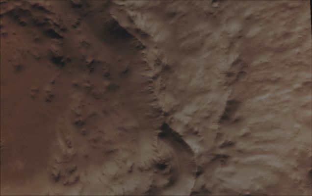 Features of Arabia Terra (Absolute Natural Colors; credits for the additional process. and color.: Dr Paolo C. Fienga - Lunexit Team) 
Image information: VIS instrument;
Latitude: 16,7° North;
Longitude: 350,0° East;
Resolution: 18 meter/pixel.
Parole chiave: Mars from orbit - Craters - Unnamed Crater - Arabia Terra