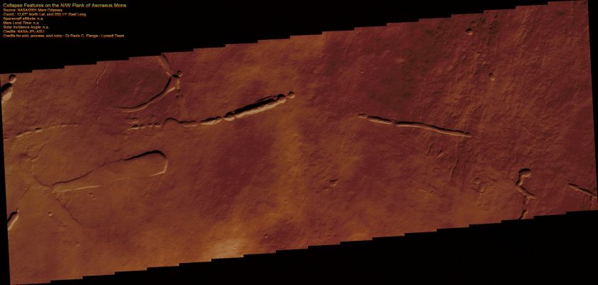 Portion of the N/W Flank of Ascraeus Mons (Enhanced and Saturated Natural Colors; credits for the additional process. and color.: Dr Paolo C. Fienga - Lunexit Team)
nessun commento
Parole chiave: Mars from orbit - Collapse Features - Pit-Chains