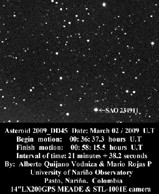 Asteroid 2009 DD-45 (GIF-Movie)
Un bellissimo GIF-Movie; da notare ed apprezzare il movimento irregolare dell'asteroide il quale, più che "ruotare" su se stesso, sembra "rotolare" (come fa la Luna Saturniana Iperione). 
Il movimento (se non altro apparentemente) caotico dell'asteroide DD-45 attorno al proprio asse di rotazione può essere spiegato non solo dalla forma irregolare ("a tubero") posseduta da questo minuscolo Corpo Celeste, ma anche dalla marcata influenza mareale (---> gravitazionale) su di esso esercitata dalla "vicina" Terra (distante circa 70.000 Km).
Parole chiave: GIF-Movie