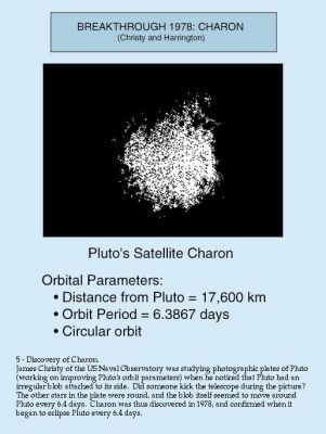The Discovey of Charon
Charon was discovered in June 1978 by U.S. Naval Observatory astronomers James Christy and Robert Harrington. They weren't even looking for satellites of Pluto - they were trying to refine Pluto's orbit around the Sun!

Charon was discovered when sharp-eyed Christy noticed the images of Pluto were strangely elongated - it looked like Pluto had an irregular blob attached to its side. Perhaps the telescope was joggled when the picture was taken? No, that possibility was quickly eliminated by noticing that the other stars on the photo were round. Moreover, the blob itself seemed to move around Pluto - the direction of elongation cycled back and forth over 6.39 days - Pluto's rotation period. From this, Christy, after being checked by Harrington, concluded that Pluto either possessed a mountain thousands of kilometers high or a satellite that orbited in its synchronous orbit.

Searching through their archives of Pluto images taken years before, Christy found more cases where Pluto appeared strangely elongated. Working independently, Christy measured the angle (from north) where the elongations appeared while Harrington calculated what the answer "should be" if the elongation was caused by an orbiting satellite. When the anxious moment came for them to compare their answers, they found perfect agreement. Just to be sure, they waited for the U. S. Naval Observatory 60-inch telescope to make one more confirmation. And sure enough, on July 2 new images showed the elongation due to a satellite right where it was supposed to be. They announced their discovery to the world on July 7, 1978. Christy proposed the name "Charon", after the mythological ferryman who carried souls across the river Acheron, one of the five mythical rivers that surrounded Pluto's underworld. Apart from the mythological connection for this name, Christy chose it because the first four letters also matched the name of his wife, Charlene.

Charon's satellite status was finally confirmed when Pluto and Charon began a series of mutual eclipses in 1985. Later, Hubble Space Telescope and even advanced ground-based telescopes were able to spot Charon orbiting nearby — just 1/4000th of a degree from Pluto!
Parole chiave: Charon