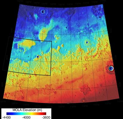 Topographical Context of Phoenix Landing Region
Caption NASA:"Color coding indicates the topography in this map of the region of Mars from 65 to 72° North Latitude and from 230 to 250° East Longitude. This area was designated "Region D" in the process of evaluating potential Landing Sites for NASA's Phoenix Mars Lander. The location chosen for safe landing sites is within the box bordered with a heavy black line along the western boundary of this region. 

Elevation in the region varies from about 3600 meters (11.800 feet) to 4400 meters (14.400 feet) below the zero reference point for Martian Surface Elevation. 
The topographical information is from the Mars Orbiter Laser Altimeter on NASA's Mars Global Surveyor Orbiter".
Parole chiave: Maps