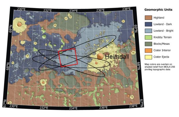 Possible Landing Ellipses for Phoenix (1)
Caption NASA:"Launch date makes a difference in the orientation of ellipses marking where NASA's Phoenix Mars Lander will have a high probability of landing, given the planned targeting for the Spring 2008 Landing Site. This map shows possible landing ellipses for the Aug. 3, 2007, opening of the launch period (the ellipse oriented North-West to South-East) and for launch dates at the middle and end of the 3-week period of launch opportunities. 

The map also shows a color-coded interpretation of geomorphic units -- categories based on the surface textures and contours. The yellow-coded area surrounding a crater informally named "Heimdall" appears to have even fewer boulders on the surface than other units. The geomorphic mapping is overlaid on a shaded relief map based on data from the Mars Orbiter Laser Altimeter on NASA's Mars Global Surveyor orbiter. 
The red box indicates the location of an image PIA09947 from the Context Camera on NASA's Mars Reconnaissance Orbiter".
Parole chiave: Maps