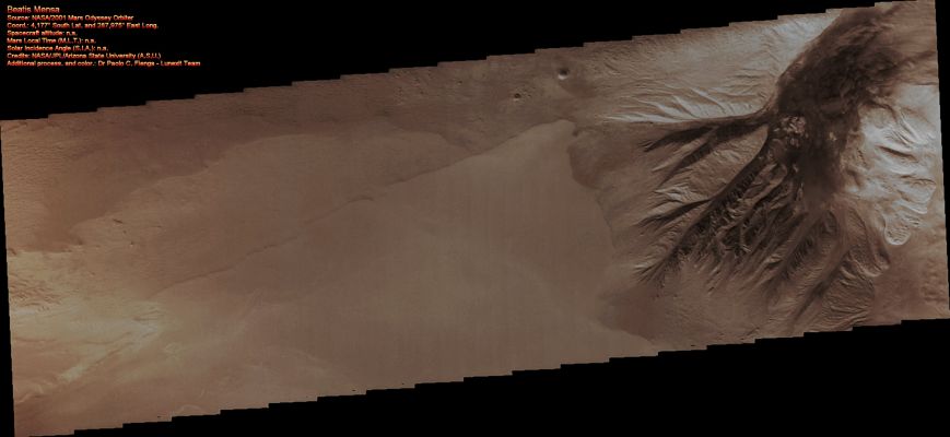 Beatis Mensa (Natural Colors; credits for the additional process. and color.: Dr Paolo C. Fienga - Lunexit Team)
nessun commento
Parole chiave: Mars from orbit - Valles Marineris Region - Beatis Mensa